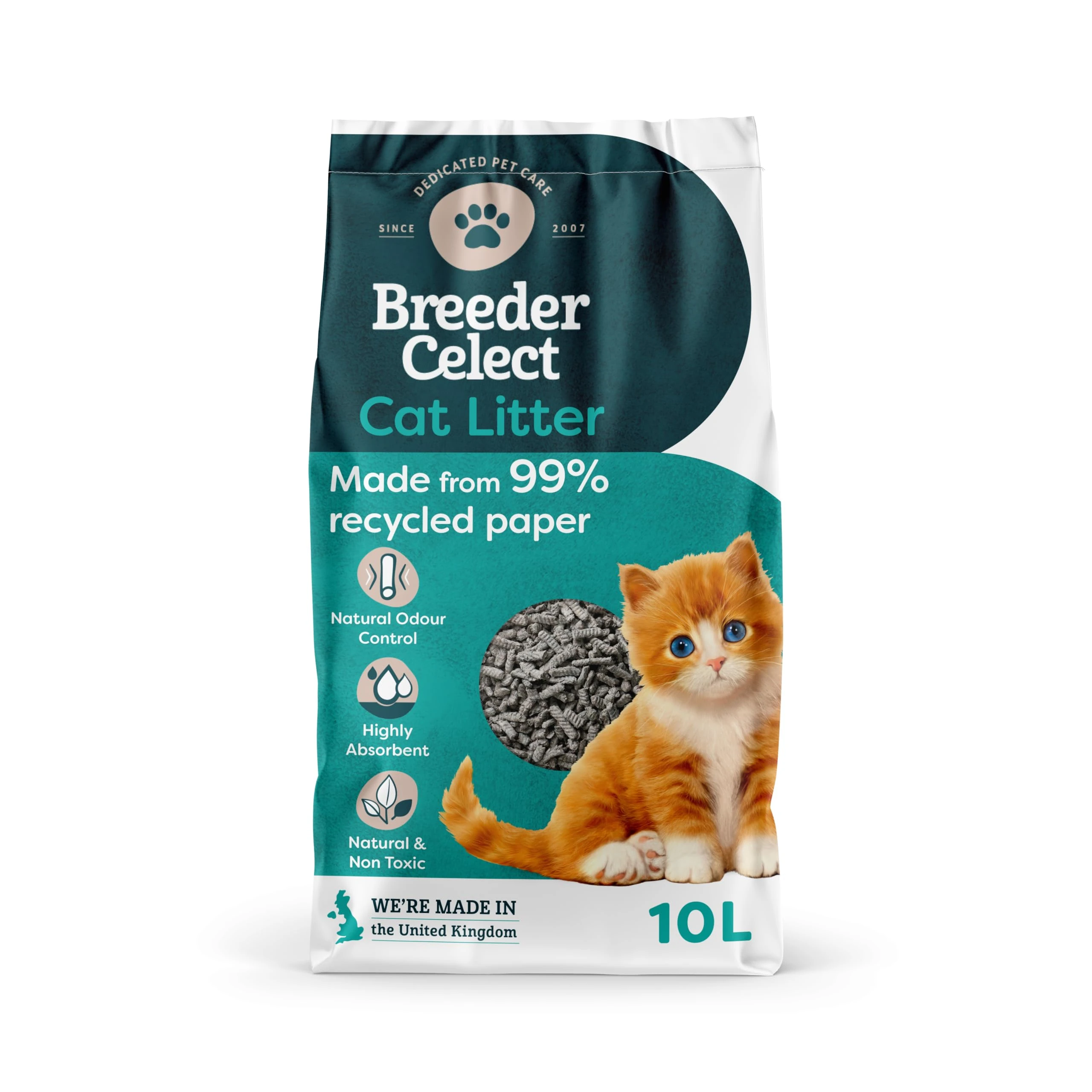 Breeder Celect All-Natural Cat Litter (10L) – 99% Recycled Paper, Highly Absorbent Kitten Cat Litter/Bedding, Excellent Odour Control, Non-Clumping, Biodegradable & Compostable