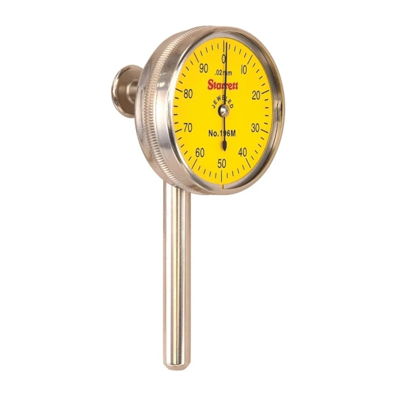 Starrett 196MB1 Universal Dial Indicator, Back Plunger, Yellow Dial, 0-100 Reading, 0-5 mm Range, 0.02 mm Graduation
