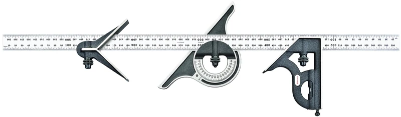 Starrett 9M-600 Cast Iron Square, Centre And Non-Reversible Protractor Heads With Regular Blade Combination Set, Black Wrinkle Finish, 600 mm Size