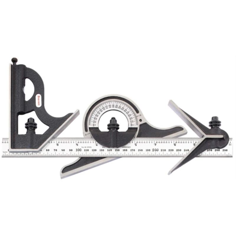 Starrett 9ME-300 Cast Iron Square, Centre And Non-Reversible Protractor Heads With Regular Blade Combination Set, Black Wrinkle Finish, 300 mm Size