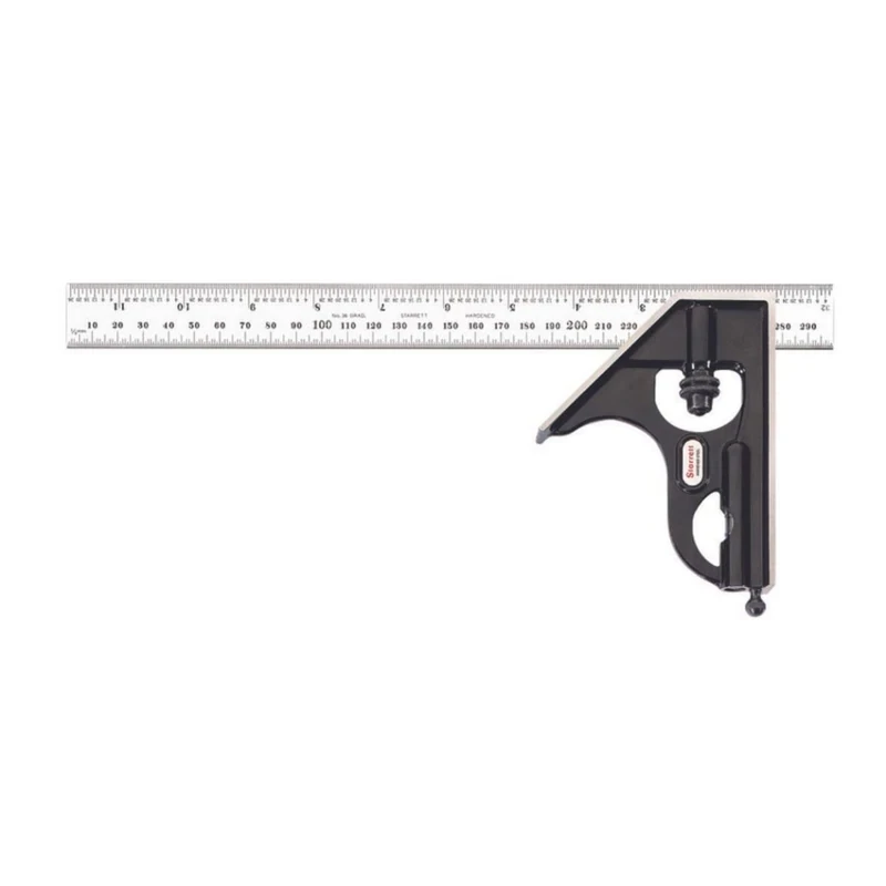 Starrett C33MEH-300 Forged, Hardened Steel Square Head With Satin Chrome Blade Combination Square, Smooth Black Enamel Finish, 300 mm Size