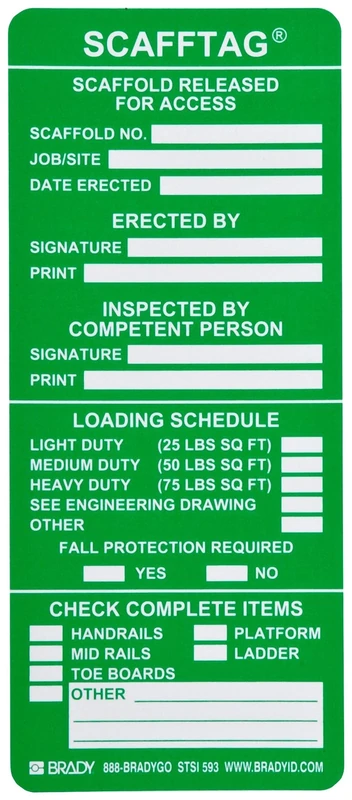 Brady SCAF-STSI593 7-5/8" Height, 3-1/4" Width, Polyester, Green Color Scafftag Inspection Inserts (Pack Of 100)