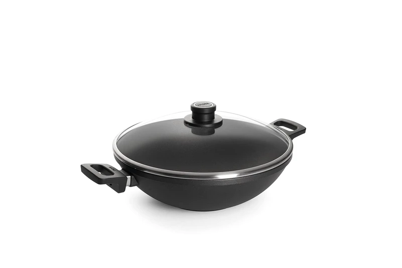 Woll Nowo Titanium Wok and Stirring Pan with Glass Lid in Box Inductive Diameter 32 cm Height 11 cm with 2 Side Handles Suitable for All Hobs