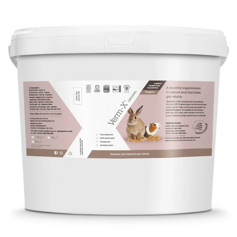 Verm-X Original All Natural Pellets for Rabbits, Guinea Pigs and Hamsters. Approved for Use on Organic Farms. Supports Intestinal Hygiene. Vet Approved. Maintains Gut Vitality. Wormwood Free Recipe.,4kg,Clear
