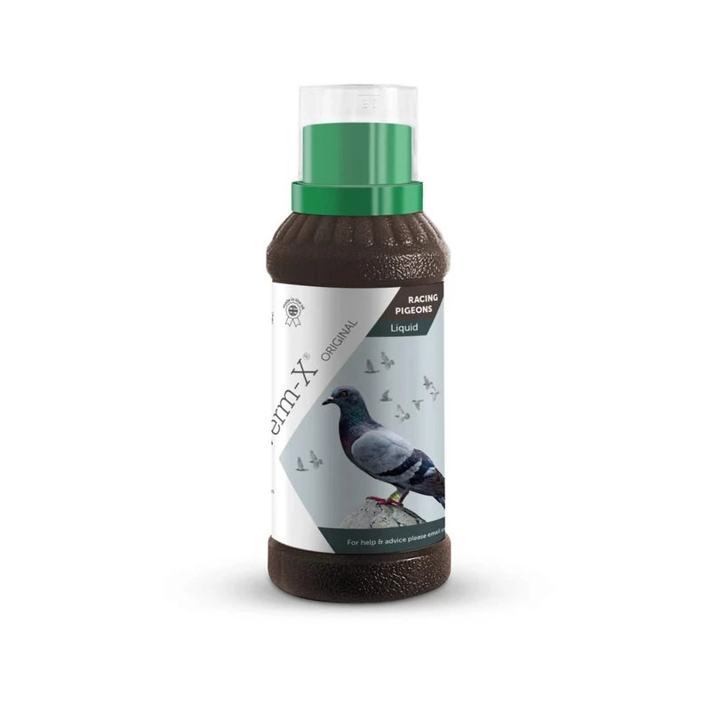 Verm-X Original All Natural Liquid for Racing Pigeons. Approved for Use on Organic Farms. Supports Intestinal Hygiene. Vet Approved. Maintains Gut Vitality. Wormwood Free Recipe.