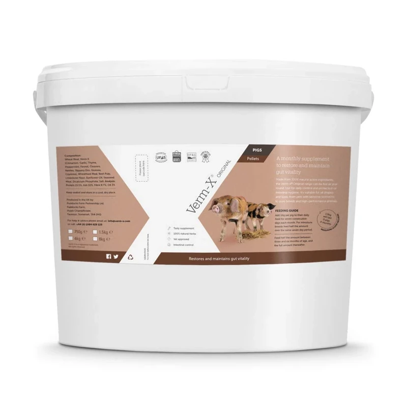 Verm-X Original All Natural Pellets for Pigs. Approved for Use on Organic Farms. Supports Intestinal Hygiene. Vet Approved. Restores and maintains Gut Vitality. Wormwood Free Recipe.