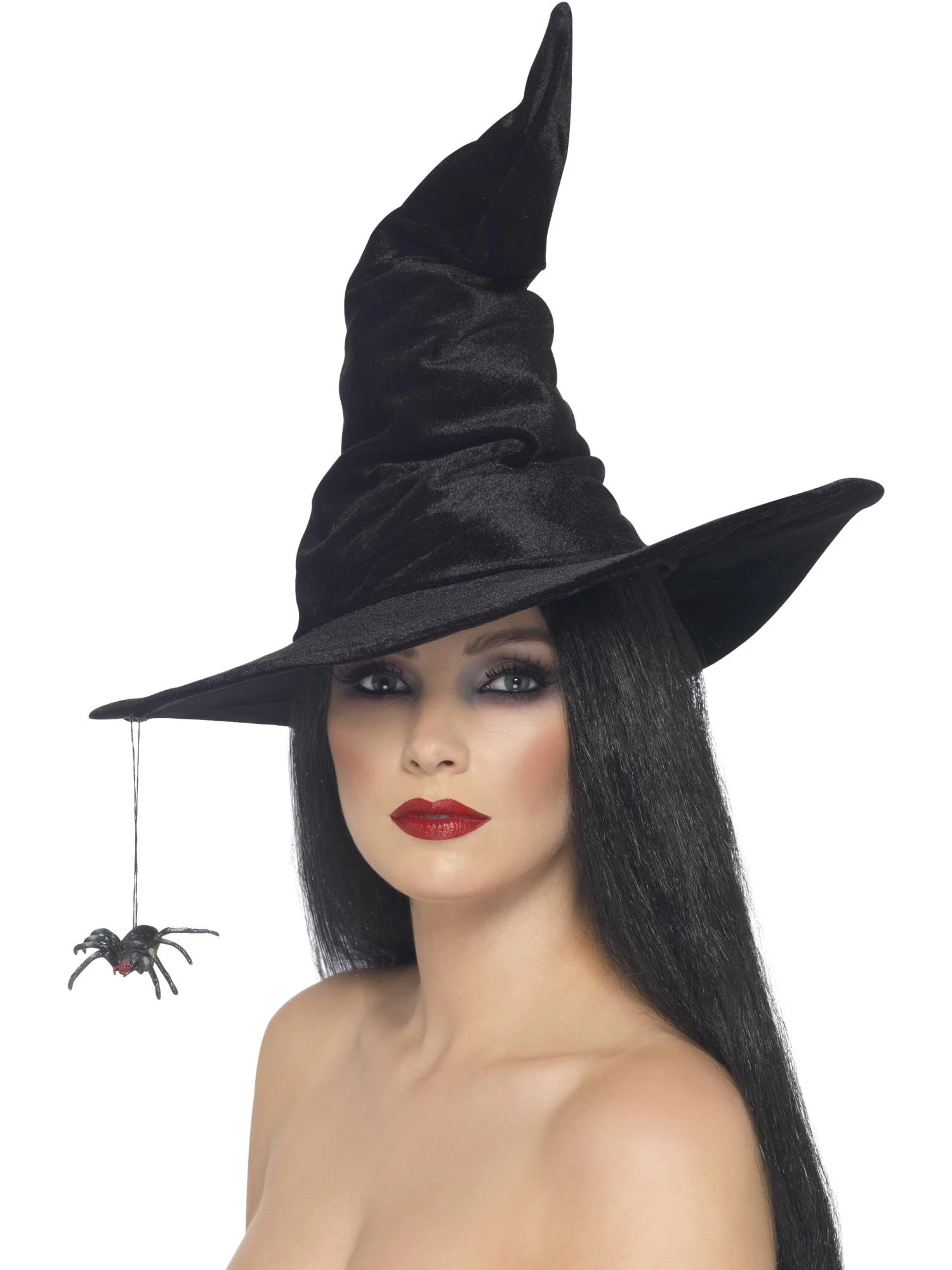 Smiffys Black Witch Hat with Hanging Spider – Velour Halloween Fancy Dress Accessory for Adults – One Size Fits Most – Witches Costume Hat for Spooky Parties, Trick or Treat, or Cosplay Events