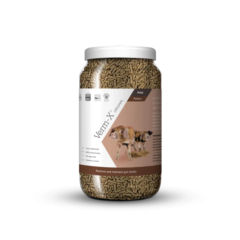Verm-X Original All Natural Pellets for Pigs. Approved for Use on Organic Farms. Supports Intestinal Hygiene. Vet Approved. Restores and maintains Gut Vitality. Wormwood Free Recipe.