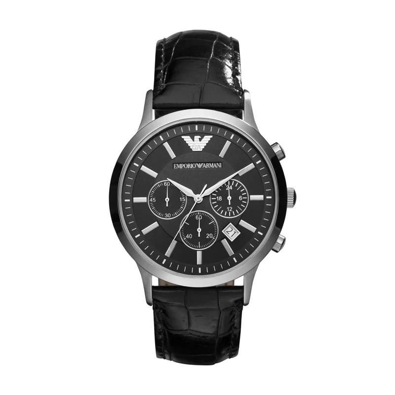 EMPORIO ARMANI Renato Men's Quartz Watch with Black Dial and Black Leather Strap AR2447