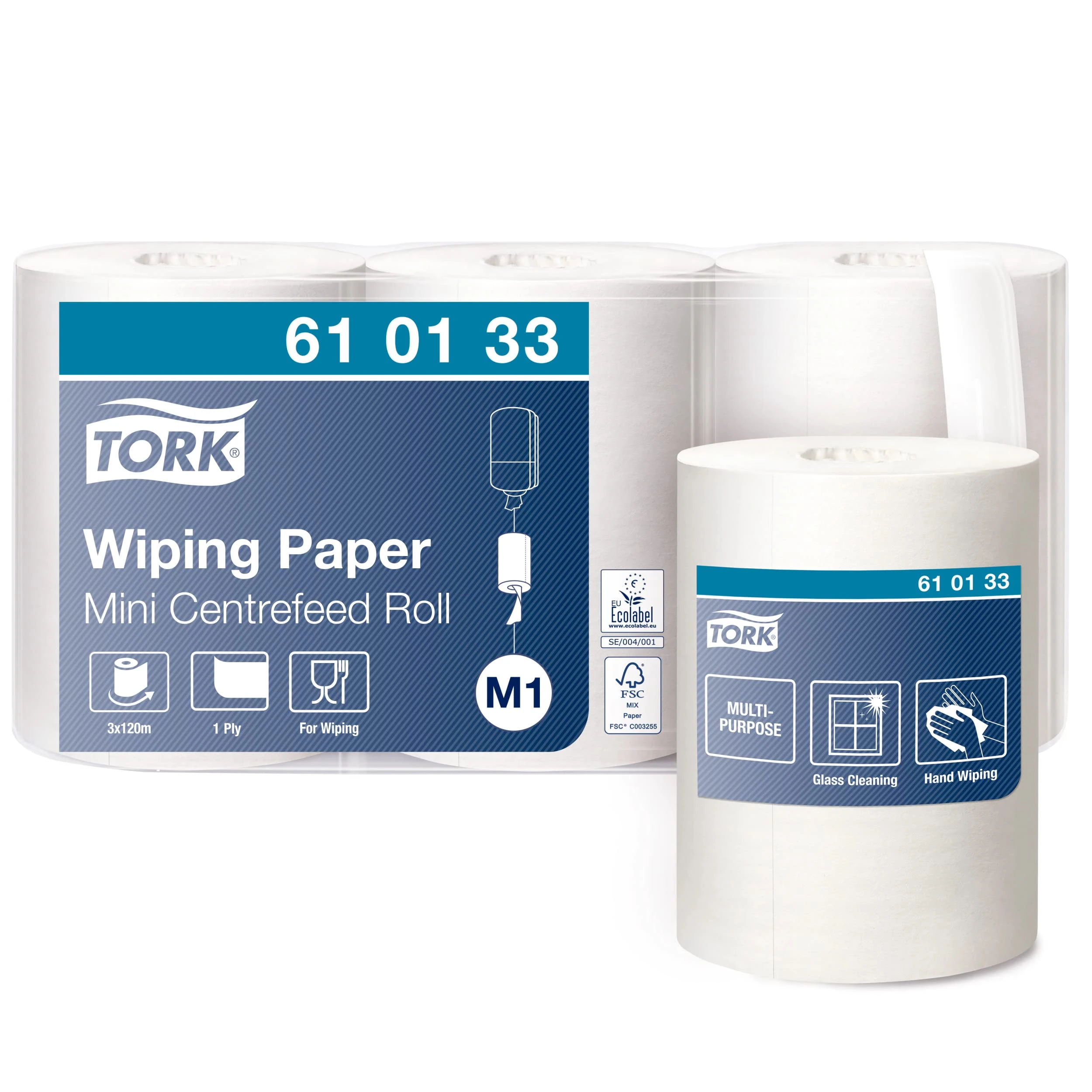 Tork Centrefeed Wiping Paper Roll White M1, Hand and Surface Wiping, 3 x 120m, 610133