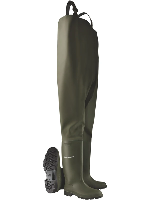 DUNLOP Pricemastor Chest Wader Wellington Boot - Unisex, Waterproof PVC Waders for Fishing and Agriculture, Flexible Work Wellies, Green/Black - EU44, UK10