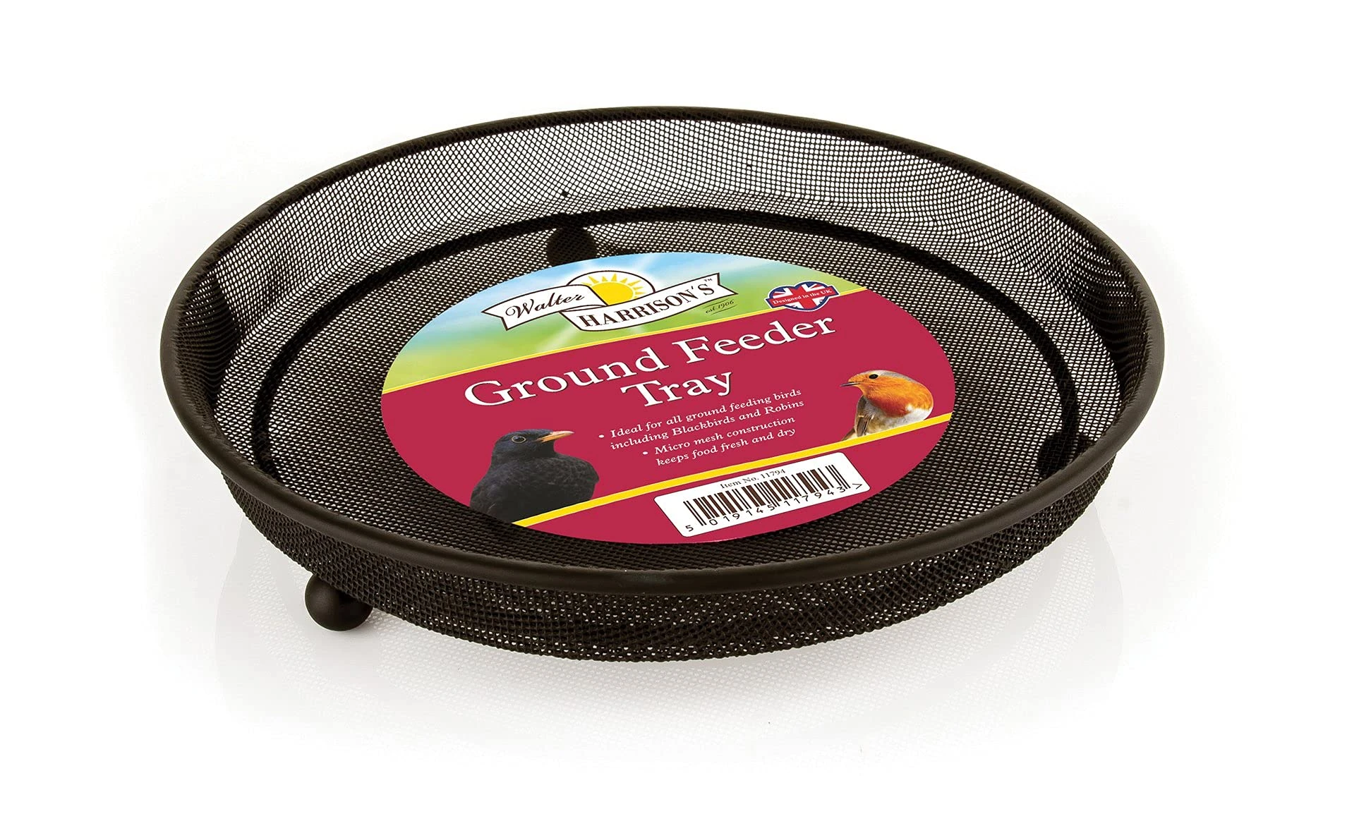 Walter Harrison's Bird Feeding Station Heavy Duty Metal Ground Wild Garden Bird Feeder Black Mesh Feeding Tray - 22 cm