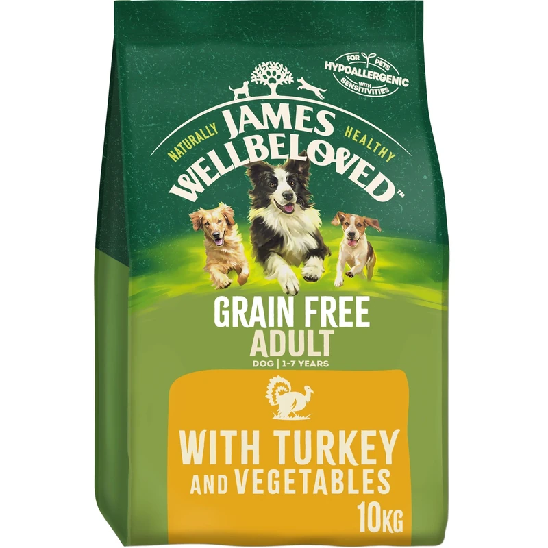 JAMES WELLBELOVED Hypoallergenic Grain Free Adult Dry Dog Food - 10 kg - Turkey & Vegetables - Bulk Dry Dog Food Pack