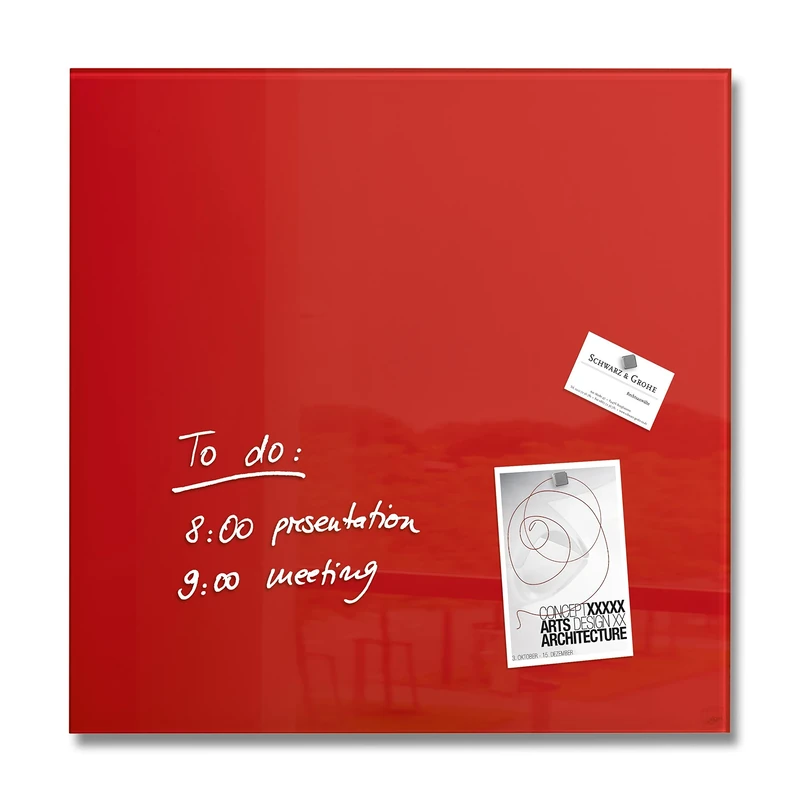 SIGEL GL114 Premium Glass magnetic Board, glossy surface, 48 x 48 cm, easy mounting, Red - Artverum