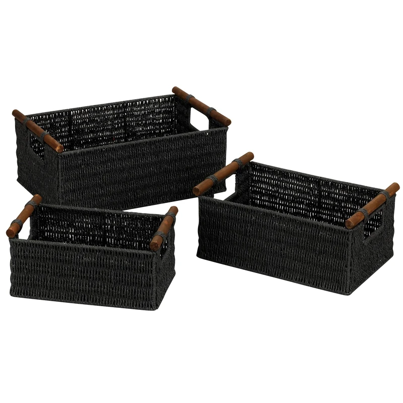 Household Essentials Decorative Woven Baskets, Set of 3 Baskets, Paper Rope with Wood Handles, Sturdy Metal Frame, Small, Medium and Large, Black