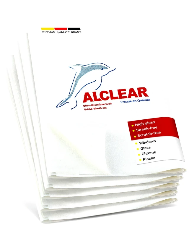 ALCLEAR Microfiber Glass Cloth Set - Pack of 5 Window Cloths 40x45 cm, streak-free glass cloths - lint-free, saves time without drying - designed in Germany - for household & car windows.