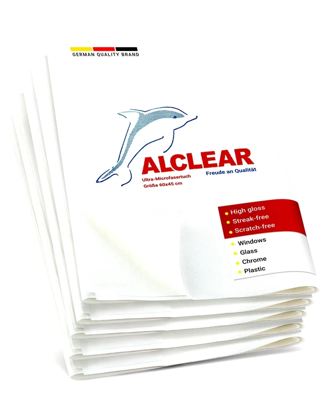 ALCLEAR Microfiber Window Cloth Set - 5-pack window cloths 60x45 cm, streak-free glass cloths - lint-free, time-saving without drying - designed in Germany - for household & car windows.
