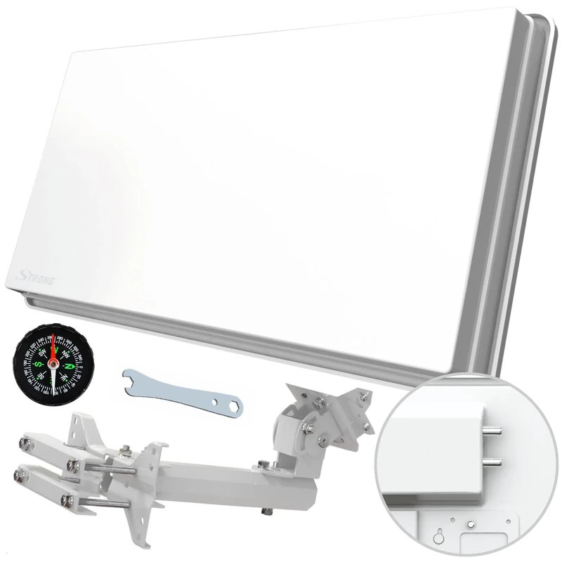 STRONG - SlimSat SA62 - Compact satellite antenna - Integrated twin LNB - with window mount - Wall mount, balcony or pole - Ideal for camping, travelling and home - white