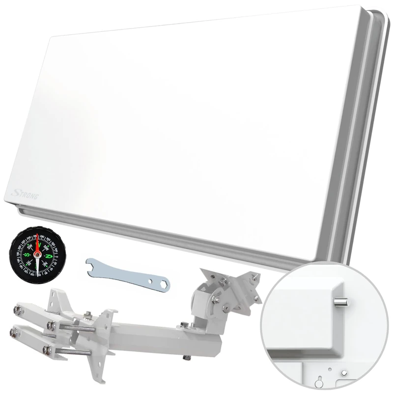 STRONG - SlimSat SA61 - Compact satellite antenna - Integrated single LNB - with window mount - Wall mount, balcony or mast - Ideal for camping and travelling - white - Image 1