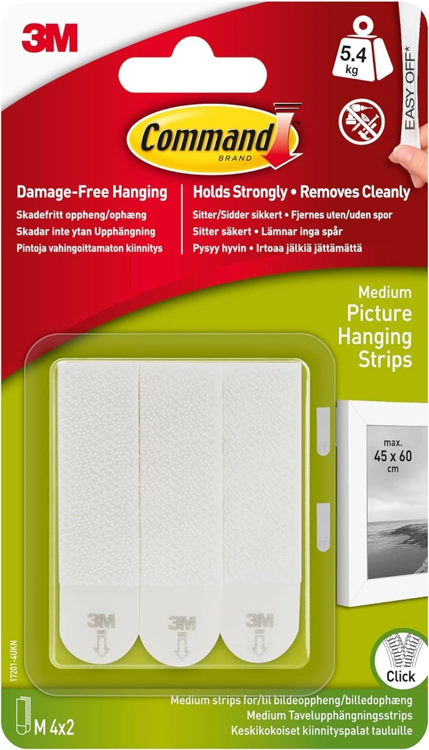 Command Medium Picture Hanging Strips, Pack of 4 x 2 Adhesive Strips, White - Damage Free Hanging - For Pictures, Frames, Mirrors, Wall Décor and Signs - Holds up to 5.4 kg