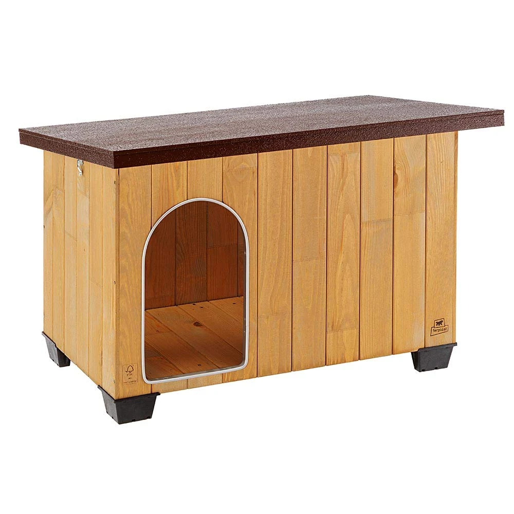 Ferplast BAITA 80 FSC Wooden Dog House - Opening Roof, Waterproof & Anti-UV - Sloping, with Lock - Anti-Bite Aluminium Door - Insulating Feet - 95.5 x 65 xh 65.5 cm
