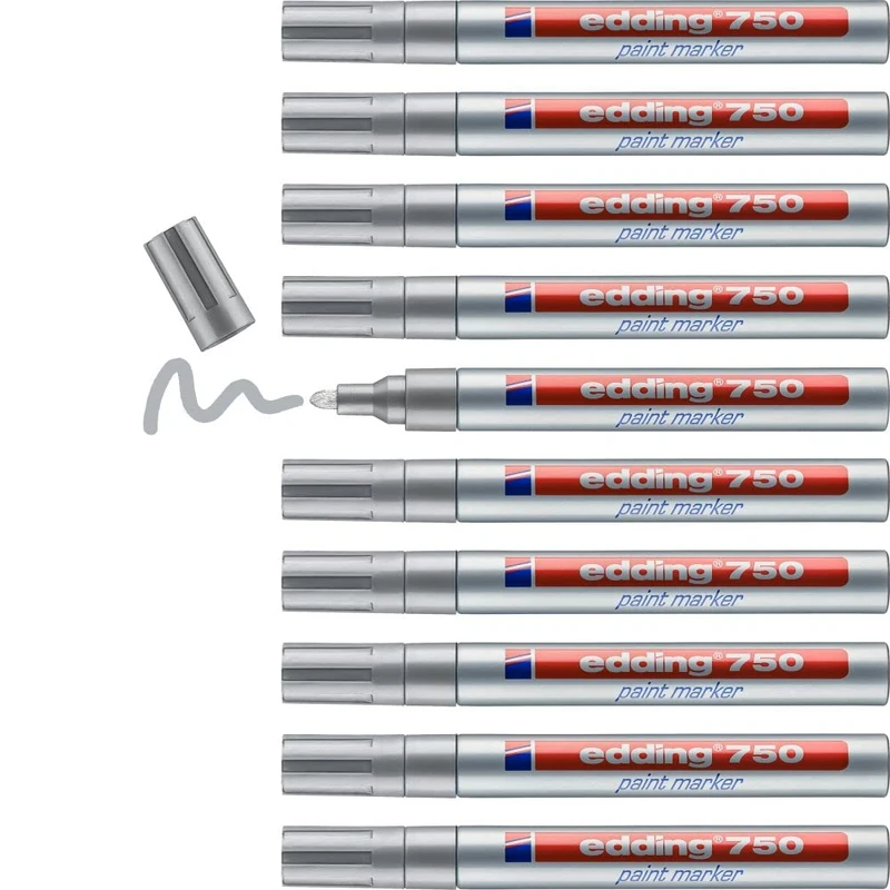 edding 750 paint marker - silver - 10 pens - round tip 2-4 mm - paint marker for marking and labelling metal, glass, rocks or plastic - heat-resistant, permanent, smudge-proof and waterproof - Image 1
