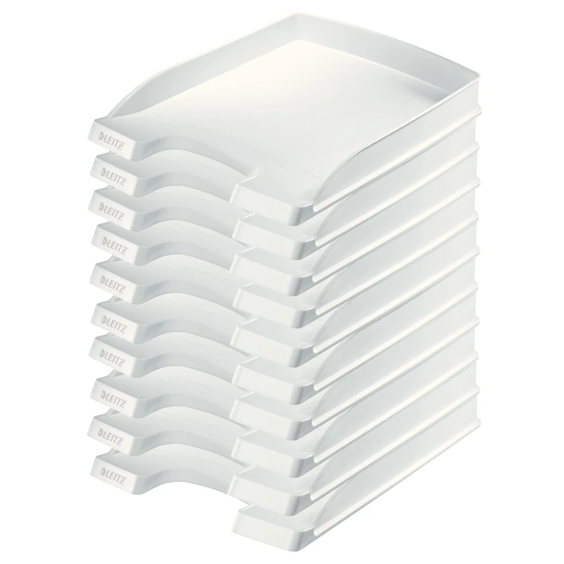 Leitz Letter Tray Flat A4, Pack of 10, Ideal for Storing and Organising A4 Documents, Stackable, White, Plus Series, 52370001