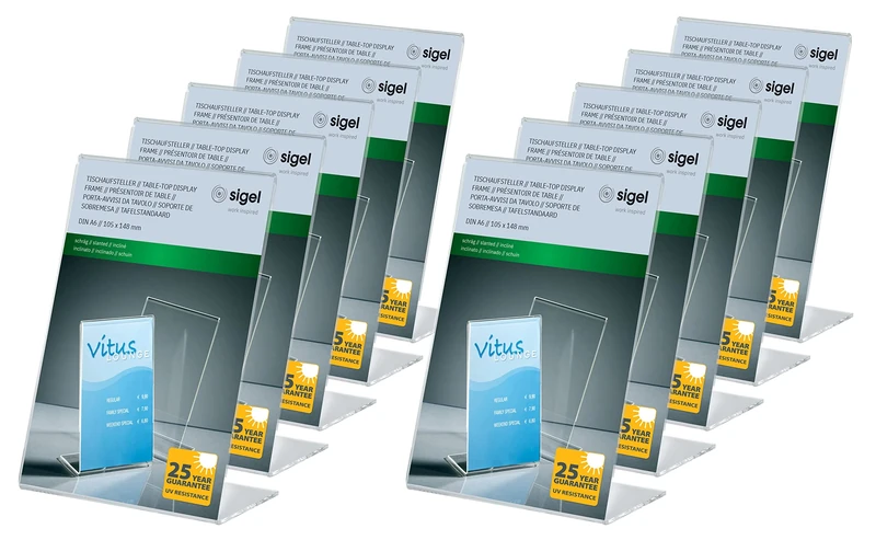 SIGEL TA214 Sign Holder, slanted, for A6, single-sided presentation, uv resistant acrylic, transparent, 10 Pieces