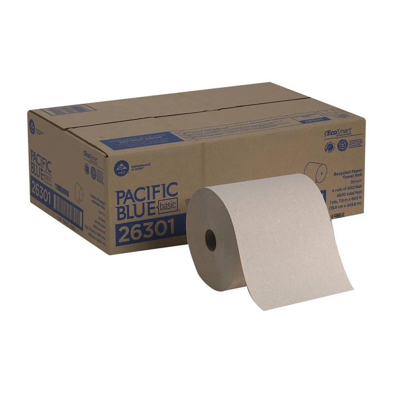 Pacific Blue Basic Recycled Hardwound Paper Towel Rolls by GP PRO (Georgia-Pacific), Brown, 26301, 800 Feet Per Roll, 6 Rolls Per Case