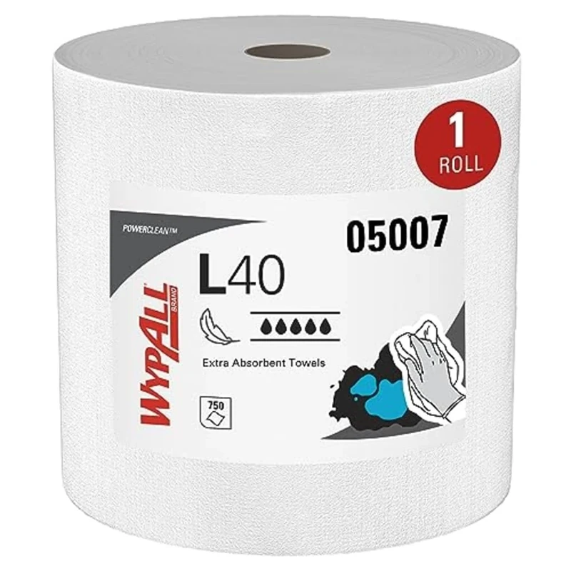 WypAll L40 Power Clean Industrial Wipers 7452, High Absorbency, DRC Technology, 1-Ply Roll Format,1 Roll x 750 White Wipes (750 Total)