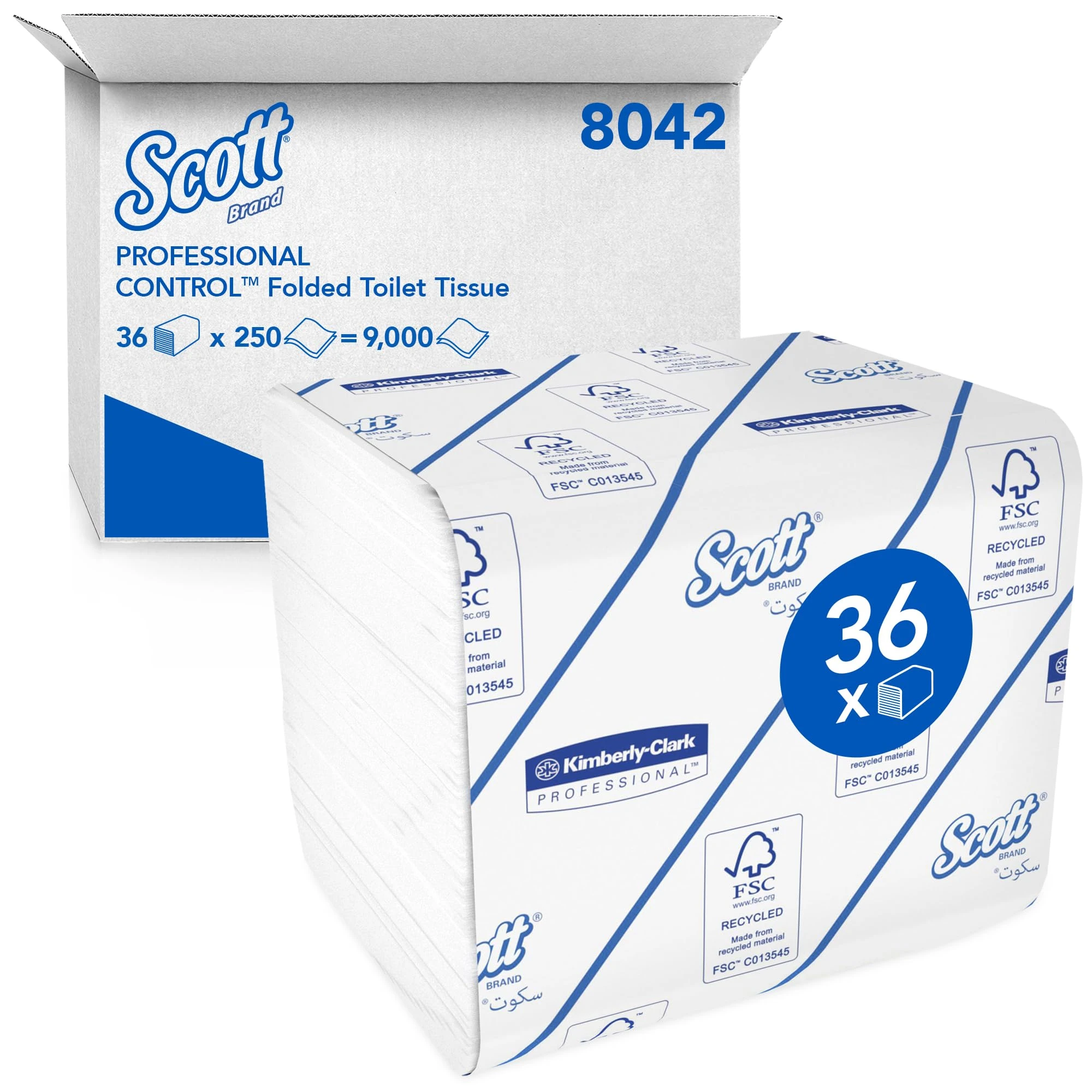 Scott Control Folded Toilet Tissue, 2-Ply Bulk Toilet Paper, Hygienic, Embossed, FSC Certified, Single Sheet Dispensing, 36 Packs x 250 Sheets (9,000 Sheets Total). model nr. 8042