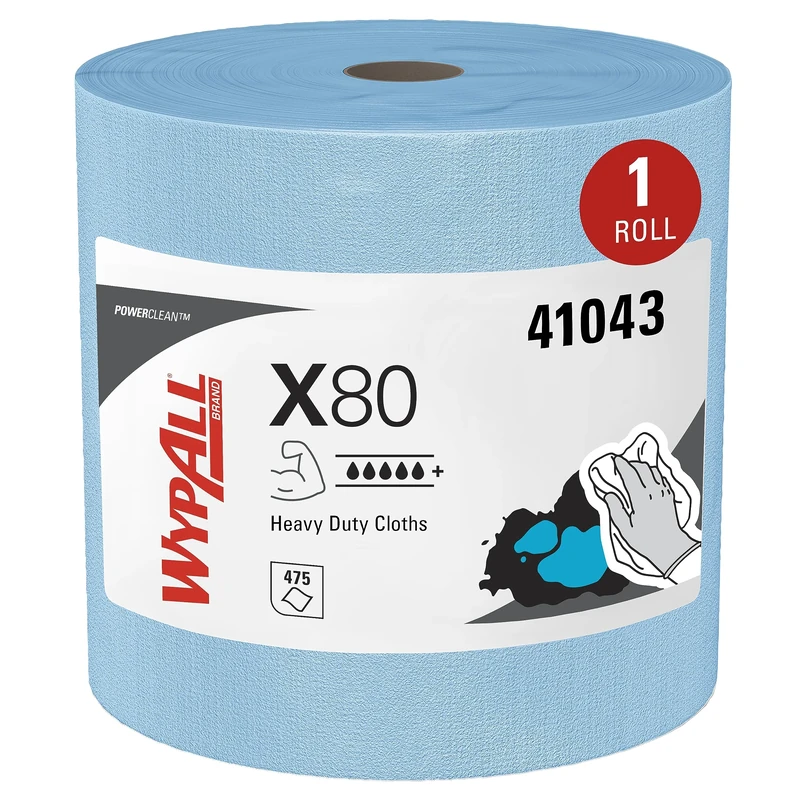 WypAll X80 Power Clean Heavy Duty Cloths, Reusable, High Absorbency, Hydroknit Technology, 1-Ply Roll Format, 1 Large Blue Roll x 455 Wipers (455 Total), Model Nr. 8347