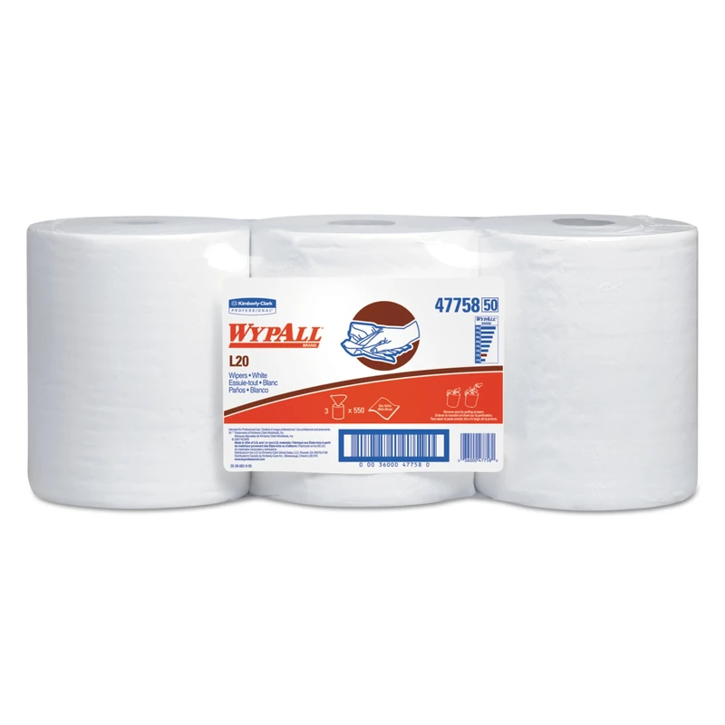 WypAll L20 Limited Use Wipers (47758), Center-Pull Rolls, White, 2-Ply, 3 Rolls, 550 Wipes/Roll