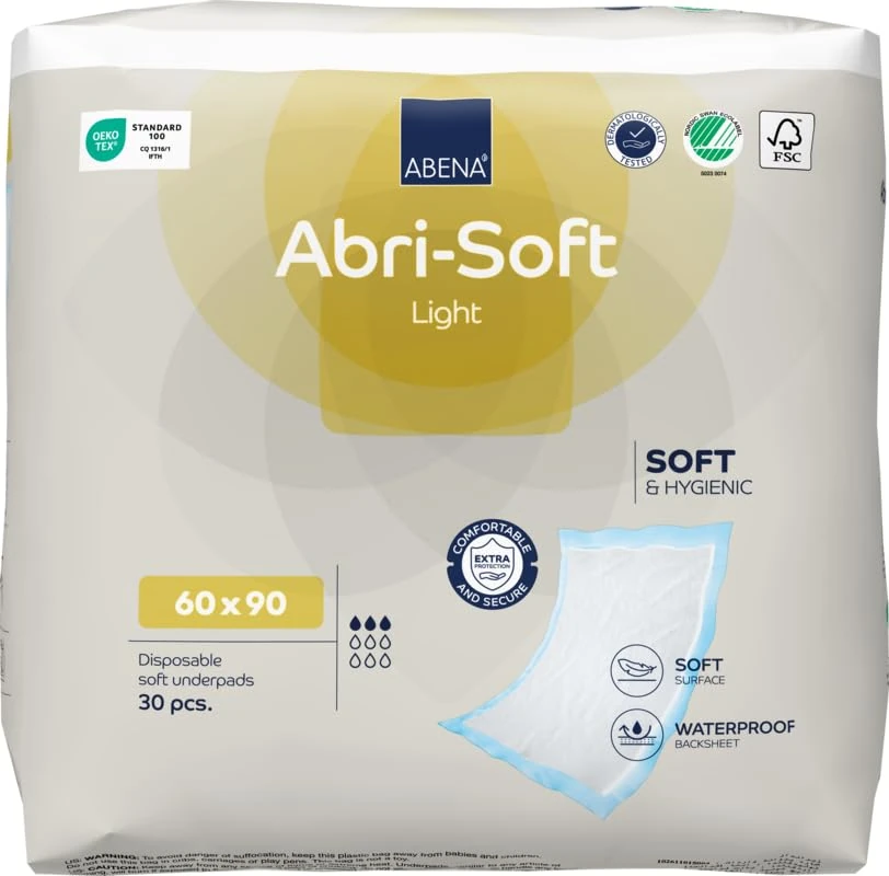 ABENA Abri-Soft Light Disposable Incontinence Pads, Eco-Labelled Incontinence Bed Pads, Leak Protection, Soft & Secure Bed Protectors For Incontinence - 60x90cm, 1250ml Absorbency, 30PK