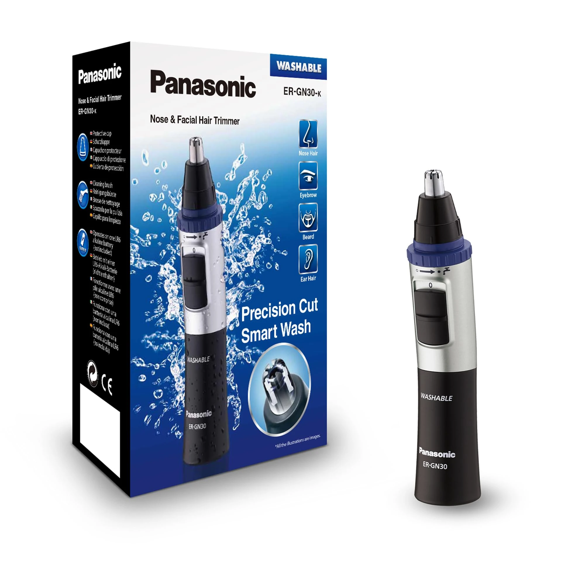 Panasonic ER-GN30 Wet & Dry Electric Facial Hair Ear and Nose Hair Trimmer for Men, Battery-Powered with 90 min operation, Black