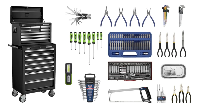 Sealey Topchest & Rollcab Combination 15 Drawer with Ball-Bearing Slides - Black & 148pc Tool Kit - APCOMBOBBTK58