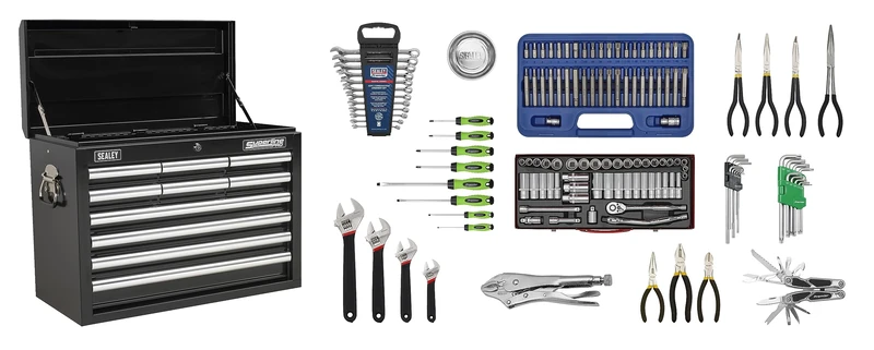 Sealey 10 Drawer Topchest with Ball-Bearing Slides - Black & 140pc Tool Kit - AP33109BCOMBO