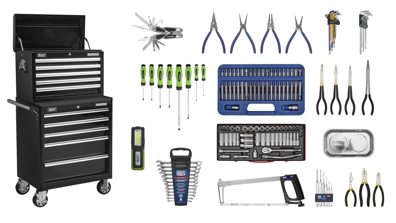 Sealey Topchest & Rollcab Combination 10 Drawer With Ball-Bearing Slides - Black With 147pc Tool Kit - APCOMBOBBTK56