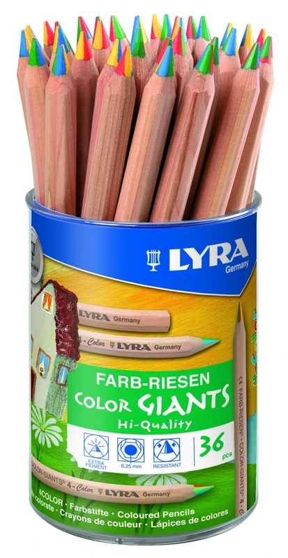 LYRA Color Giants Wooden Large Colouring Pencils, 4-Colour Lead, 36 Pieces in Assorted Colours, For Young Children & Primary Schools