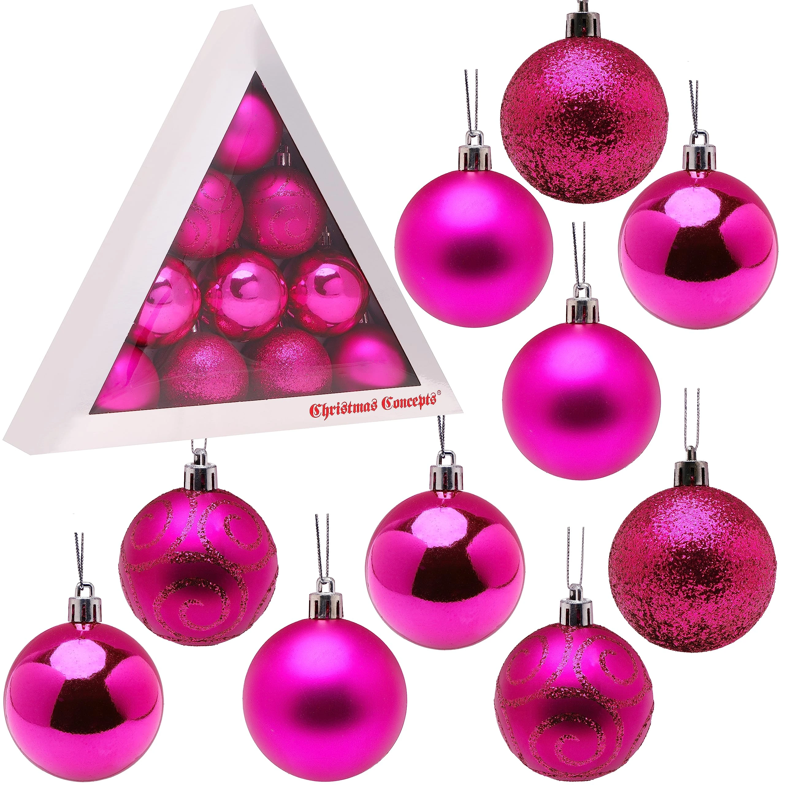 Christmas Concepts® Pack of 10-60mm (2.4") Christmas Tree Baubles - Shiny, Matte & Glitter Decorated Baubles (Hot Pink)