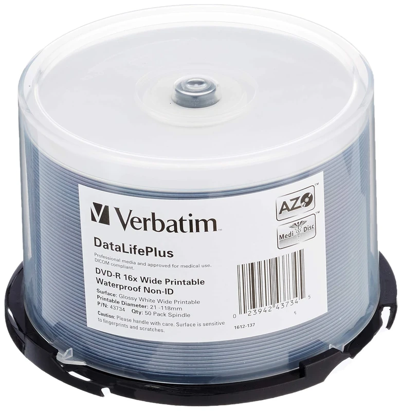 Verbatim 43734 DVD-R Blanks 4.7 GB DL 16x Waterproof Surface Spindle (Pack of 50)