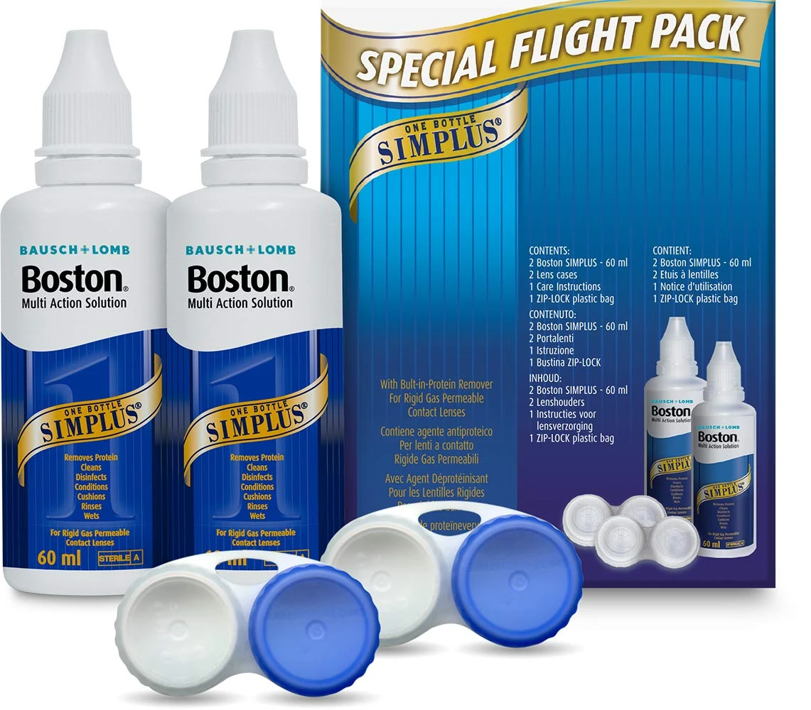 Boston Simplus Travel Contact Lens Solution, 2X 60ml Flight Pack Size, Multi-Action Solution for Rigid Gas Permeable Contact Lenses, Clean, Disinfect & Condition, 2X Lens Cases for Travel Convenience