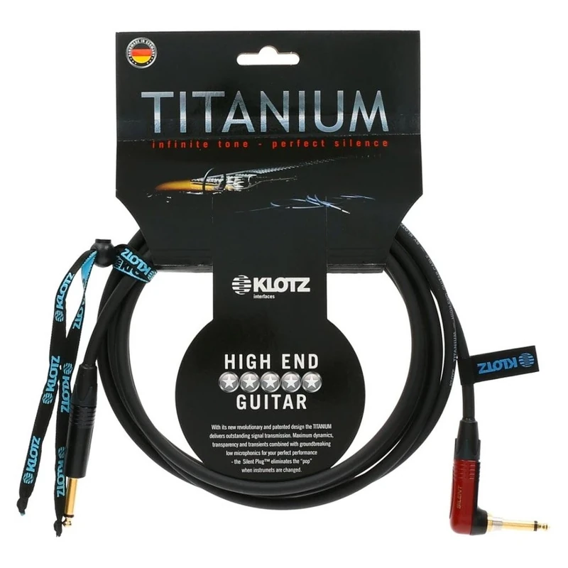Klotz TIR0450PSP Titanium Guitar Cable with Silent PLUG, 1/4" Straight to Right Angle, 15'