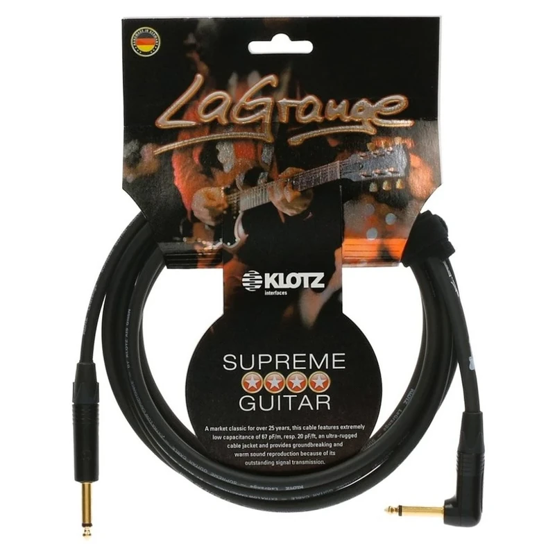 KLOTZ LaGrange Supreme Guitar Cable, with Very Low Capacity, Triple Shielded (6, Straight-Angled, Gold Contact)