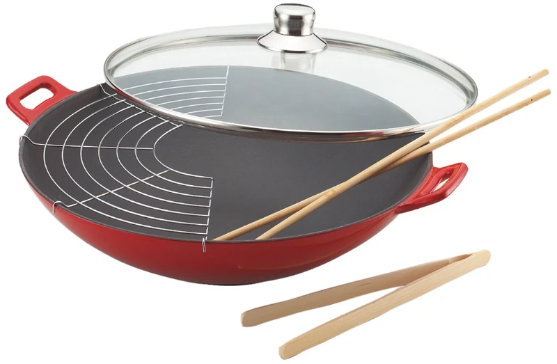Baumalu - 382872 - Cast iron WOK 36 cm with glass lid 4 pieces red color