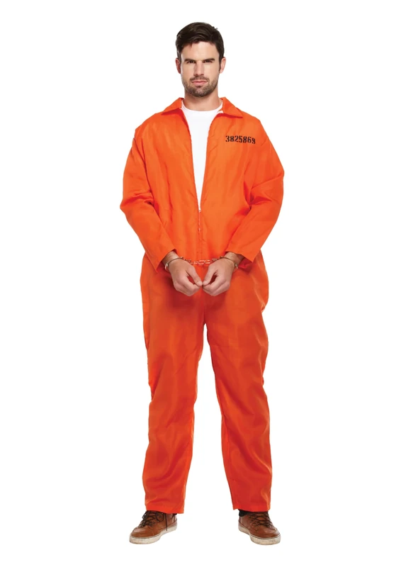 HENBRANDT Adult Men's Orange Prison Jumpsuit Fancy Dress Costume Convict Boiler Suit Prisoner Overalls Jail Jump Suit Dress Up Outfit One Size Mens Fancy Dress Costume