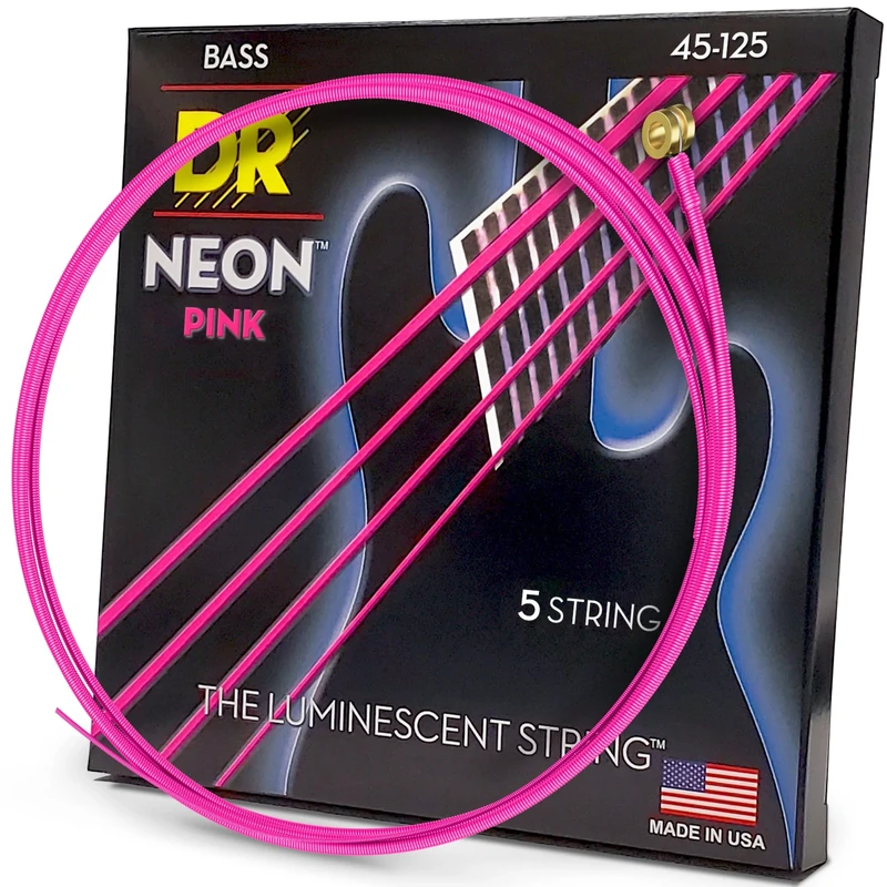 DR Strings HI-DEF NEON™ - PINK coloured Bass Strings: 5-String Medium 45-125
