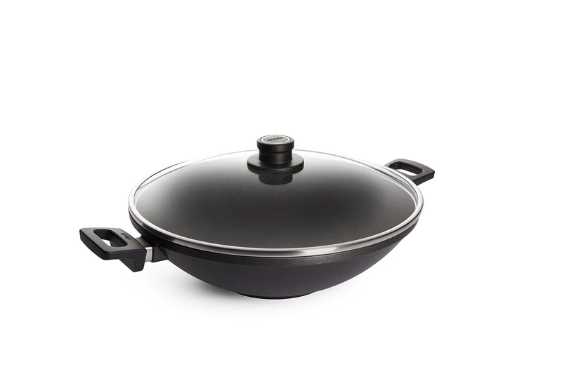 Woll Nowo Titanium Wok and Stirring Pan with Glass Lid in Box Inductive Diameter 36 cm Height 11 cm with 2 Side Handles Suitable for All Hobs
