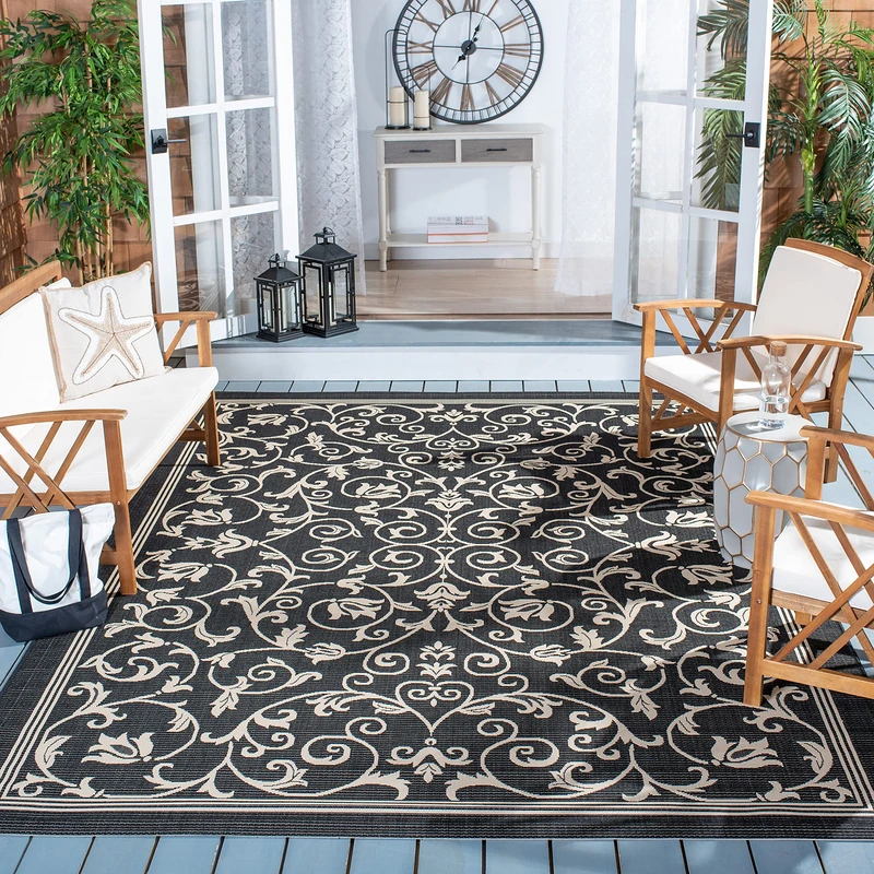 Safavieh Contemporary Rug for Living Room, Dining Room, Bedroom - Courtyard Collection, Short Pile, in Black and Sand, 201 x 201 cm