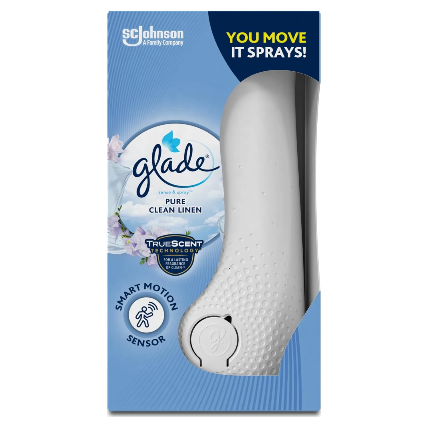 Glade Sense & Spray Air Freshener Holder and Refill, Motion Activated Automatic Odour Eliminator for Home, Clean Linen, Starter Kit with Holder & 18 ml Refill